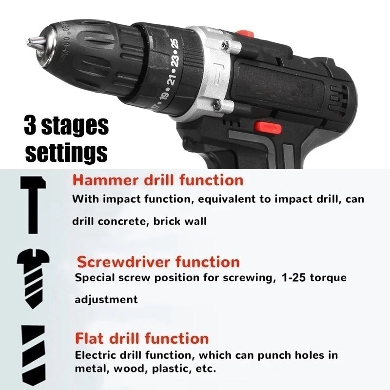 Gisam 88VF Electric Impact Drill Cordless Electric Screwdriver Drill Rechargeable Lithium Battery 2 Speeds Household Power Tools