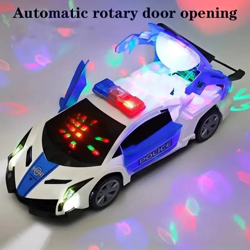 360° Rotating Police Car Toy with Sound & Light, Electric Automatic Openable Doors, Educational Vehicle Toy for Kids Gift