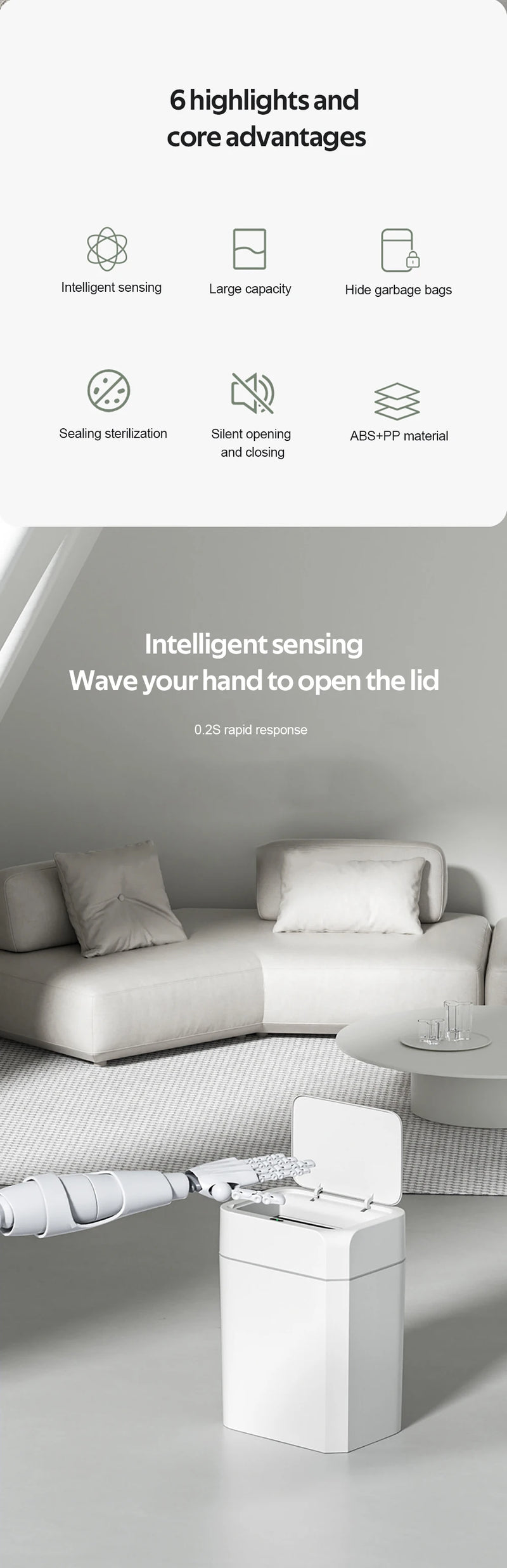 12/16L Smart Sensor Trash Can Bathroom Anti odor Automatic Trash Bin For Toilet White Electric Wastebasket