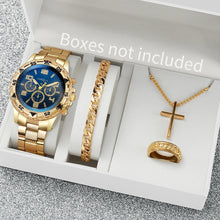 Carregar imagem no visualizador da galeria, 4PCS/Set Fashion Men's Watch Casual Gold Steel Band Analog Male Quartz Watches Jewelry Set（Without Box）
