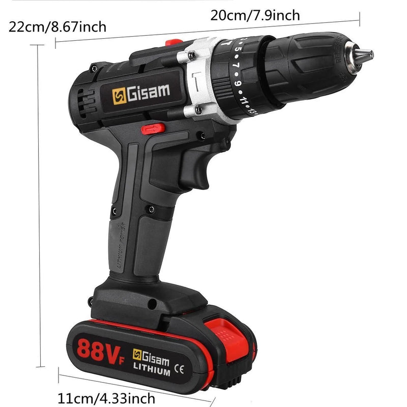 Gisam 88VF Electric Impact Drill Cordless Electric Screwdriver Drill Rechargeable Lithium Battery 2 Speeds Household Power Tools