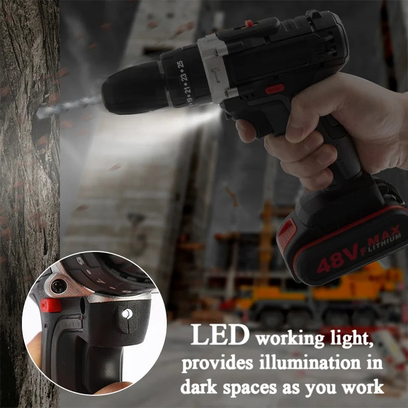 Gisam 88VF Electric Impact Drill Cordless Electric Screwdriver Drill Rechargeable Lithium Battery 2 Speeds Household Power Tools