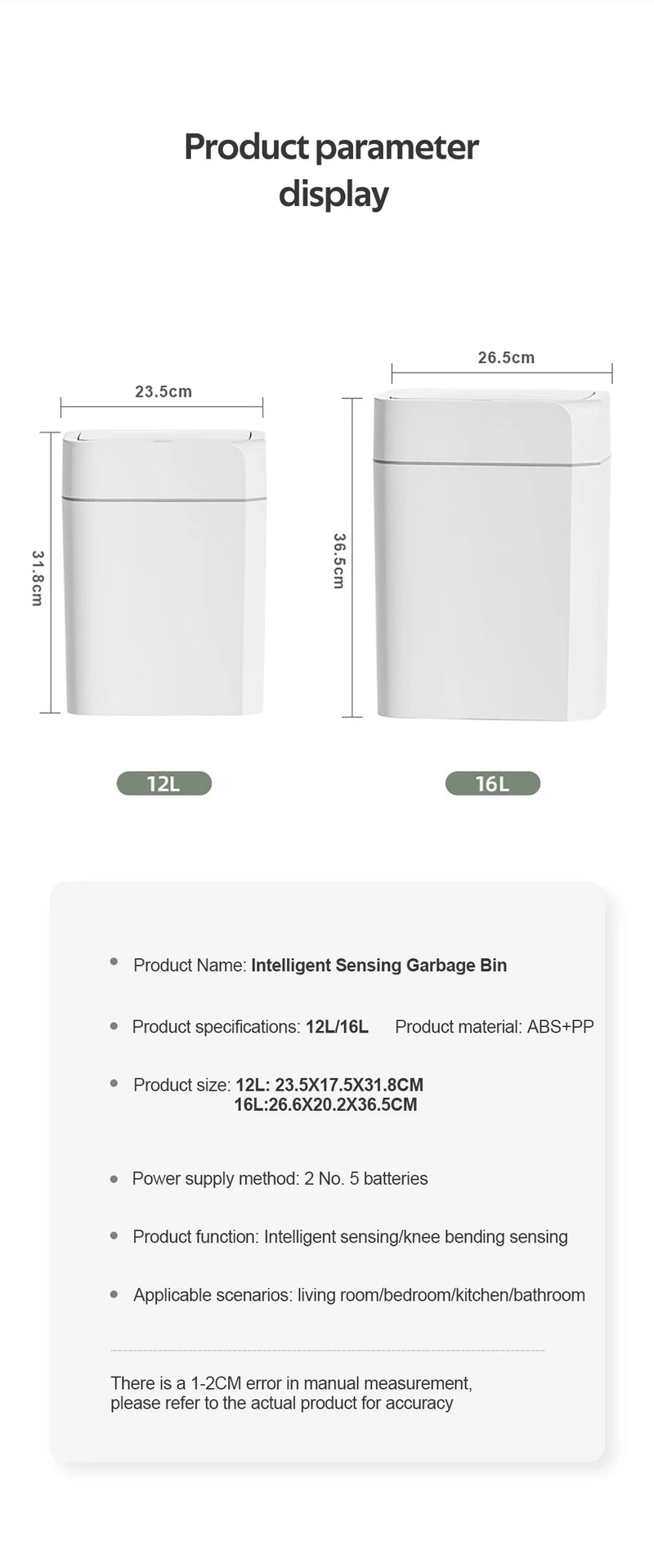 12/16L Smart Sensor Trash Can Bathroom Anti odor Automatic Trash Bin For Toilet White Electric Wastebasket